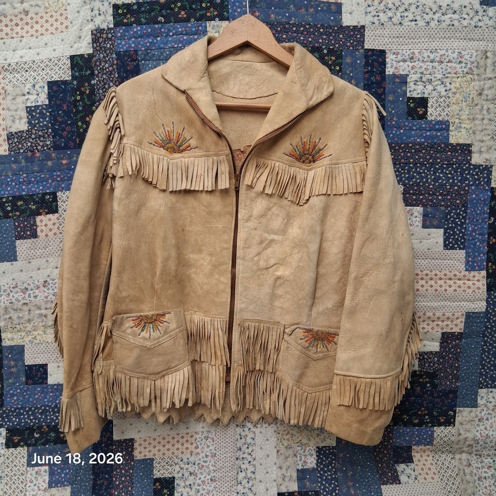 True Vintage 50s Western Fringe Beaded Jacket Size Medium Native Boho Hippie